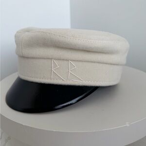 RUSLAN BAGINSKIY Baker Boy Cap. Ivory with Black Patent Visor. Size S(56cm) NEW